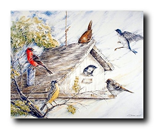 Wild Animal Birds At Birdhouse Nature Fine Art Wall Decor Print Poster (16x20)