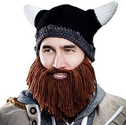 ZHENXIA Men's Knit Viking Horns Beard Head Barbarian Vagabond Beanie Caps Foldaway Hats Halloween Warm Cap (Brown)