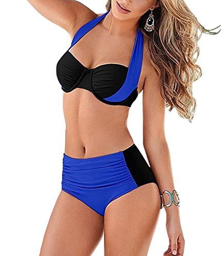 TXZTrade Women Elegant Vintage Push up High Waisted Bikini Swimsuits ,TXZ9013-Blue-XL