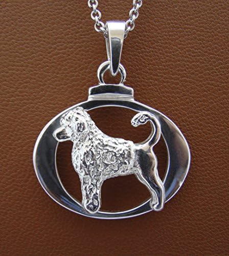 Small Sterling Silver Portuguese Water Dog Standing Study On A Oval Frame Pendant