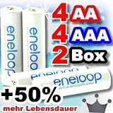 Produkt-Bild: SPARSET: 4 x Mignon AA + 4 x Micro AAA Sanyo Eneloop Akkus Batterien in 2 x speziellen, robusten Akkuboxen der Akku-Onlinehandel GmbH - NEUESTE VERSION HR-3UTGA / HR-4UTGA - 50% mehr LEBENSDAUER - bis 1500 LADEZYKLEN