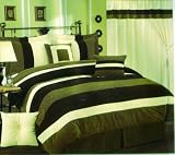 Brand New Monique Striped Micro Suede 7pcs Comforter Bed in a Bag, Queen , Black/Sage/Ivory
