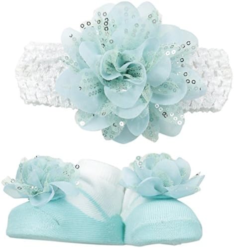 Little Me Baby-Girls Newborn Sequin Chiffon Flower Headwrap and Bootie Set, Blue, 0-12 Months