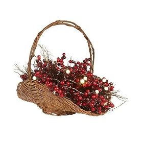 20 Battery Operated LED Lighted Red Berry Rattan Basket - Clear Lights by GKI/Bethlehem Lighting