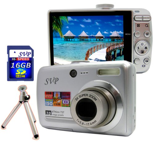 SVP Xthinn-737 Silver 7MP 3x Optical zoom 3-inch LCD Digital Camera + FREE 16GB High Speed SD Memory Card & Tripod