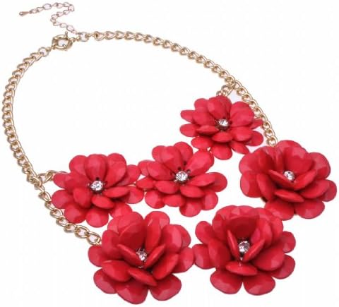 Fashion Gold Chain Crystal Red Resin Rose Flower Collar Statement Bib Necklace