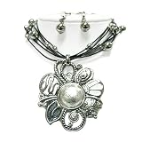 Crystal Stud Metal Art Flower Pendant Multi Strand Necklace Earring Set