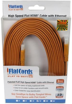 Flat HDMI Cables - Flat Cords - 15 foot (ORANGE)- The Revolutionary Half the Space, Tangle Free, Color-Coded Cord Solution - High Speed, Ethernet, 3D, and Audio Return Enabled