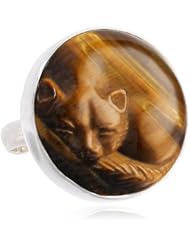 Sajen Sterling Silver Carved Tiger Eye Sleeping Cat Ring