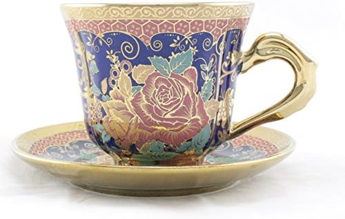 Ambilight Porcelain 6-ounce Coffee Cup and Saucer Blue Chintz with Gold Trim,set of 2,Blue,E2