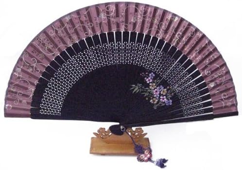 Silver J Hand held foldable fan with silk fan case and butterfly tassel, purple bamboo and silk, flowers
