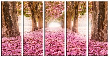 Canvas Prints, Pink Flower Forest Pathway Print on Canvas, Flower Canvas Designs, 5 Panel Print, Wall Art
