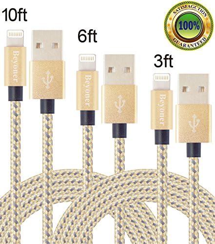 Beyoner 3Pack 3FT 6FT 10FT Nylon Braided Lightning to USB Cable iPhone SE/6/6 Plus/6s/6s Plus/5/5c/5s, iPad Mini/Air, iPod Nano/Touch (gold &amp; gray)