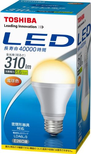 TOSHIBA E-CORE(イー・コア) LED電球 (密閉器具対応・フィンレス構造・E26口金・一般電球形・白熱電球20W相当・310ルーメン・電球色) LDA6L/3