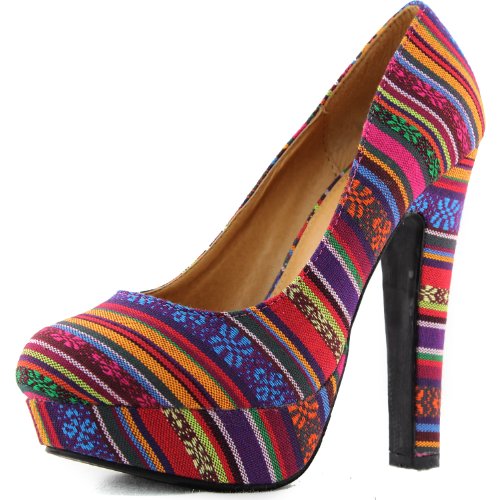 Women's Multi Color Tribal Stripes Round Platform Chunky High Heel Pump Fashion Shoes