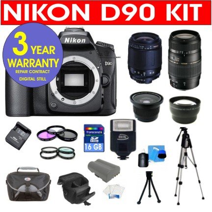Nikon D90 12.3 MP Digital SLR Camera with Tamron 28-80mm f/3.5-5.6 Aspherical Lens + Tamron 75-300 f/4-5.6 LD Lens + .40X Wide Angle Lens with Macro + +1, +2, +4, +10 4 Piece Macro Close Up Kit + 16 GB Memory Card + Multi-Coated UV Filter (2) + Multi-Coated Polarizer Filter + Digital Slave Flash + 50 " Tripod + Deluxe Padded Camera Bag + 6 Piece Accessory Kit + 3 Year Warranty Repair Contract