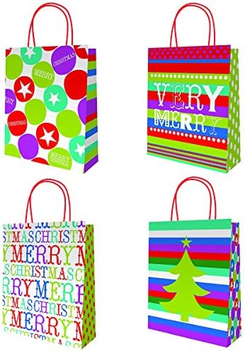 Christmas Holiday Kraft Gift Bags, Multicolor, Green, White, Blue, Red, Stripes, Dots, Multi Pattern, Assorted Designs, 20 Count, 10" x 8" x 4"