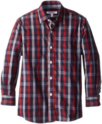 Isaac Mizrahi Big Boys' Windowpane Check Dress Shirt, Navy/Red/White, 8/Small