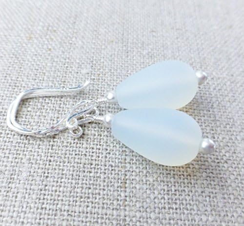 Seaglass Teardrop Earrings, Opal Matte White, Sterling Silver Earrings, Ocean, Beach Jewelry