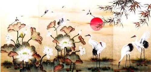 Vietnamese Lacquer Paintings - 32" x 62" Cranes and White Lotus - LPB417