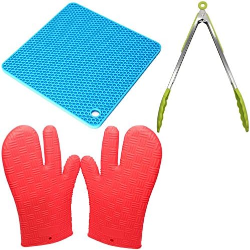 Silicone Cookware Set - Silicone Heat Resistant Mat, Silicone Baking Gloves &amp; Silicone Tongs - Flexible, Durable, Non-Stick, Non-Skid Honeycomb Designed-Mat for Your Kitchen - Protective Oven, Grill, BBQ, Fireplace, Microwave, Baking, Smoking and Cooking Gloves for Men and Women - Silicone Locking Tongs with Scalloped Gripping Edges for Salad, Ice Bucket, BBQ