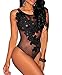 Cfanny Women's Floral Applique Sheer Mesh Bodysuit Clubwear Top,Black,Medium