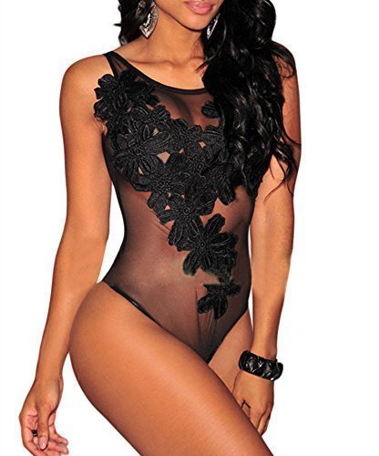Cfanny Women's Floral Applique Sheer Mesh Bodysuit Clubwear Top,Black,X-Large