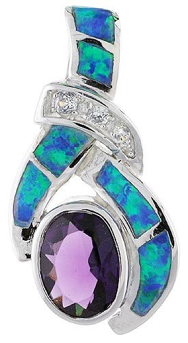 Sterling Silver Synthetic Opal Slide Pendant with 7 X 9 mm Oval Amethyst CZ 1 1 8 long.