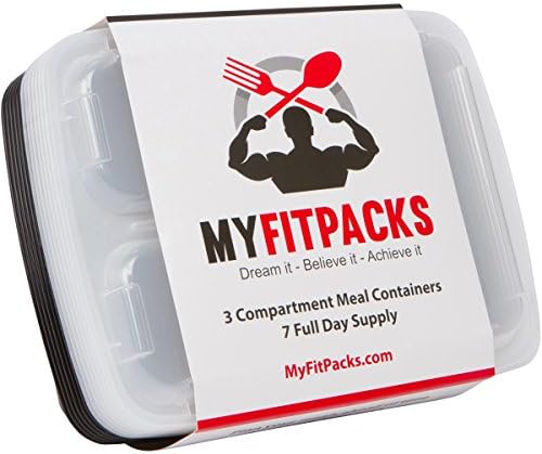 MyFitPacks 7 Count Healthy Workout Lunch Box Meal Prep Containers, 3 Compartment, Microwaveable, Reusable, Leakproof, BPA-FREE, Bento Box, Portion Control, Food Storage