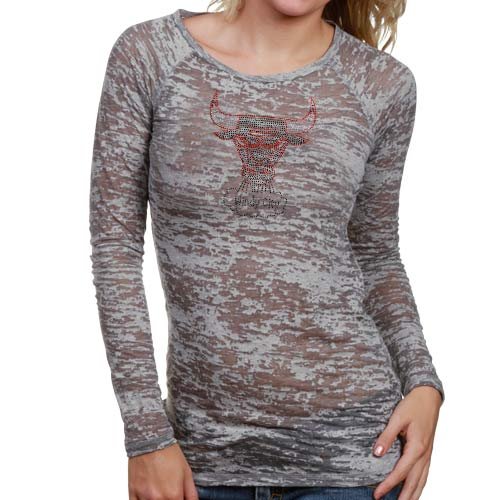 NBA Touch by Alyssa Milano Chicago Bulls Ladies Gray Rhinestone Logo Sheer Burnout Premium Long Sleeve T-shirt (X-Large)