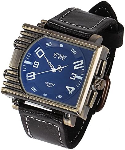 BlueVega Large Square Dial Watch Genuine Leather Strap Casual Watch-Black
