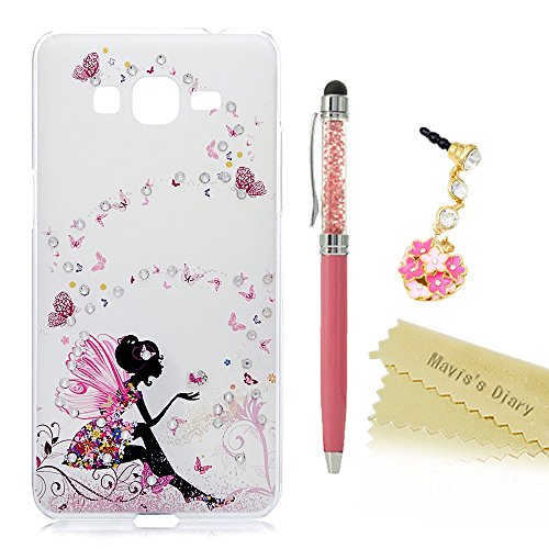 Galaxy Grand Prime Case,G530H Case - Mavis's Diary 3D Handmade Pink Butterfly Fairy with Bling Crystal Diamond Clear PC Cover for Samsung Galaxy Grand Prime(G5308 G530) & Flower Dust Plug&Stylus Pen