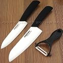 RIMON CERAMIC KNIVES SET (6" + 7" + PEELER) LOT OF 3 3PCS 6IN 7IN 6-INCH 7-INCH KITCHEN CUTLERY WHITE BLADE BLACK ABS HANDLE CHEFS PARING PEELING SLICING UTILITY SHARP CUTTING