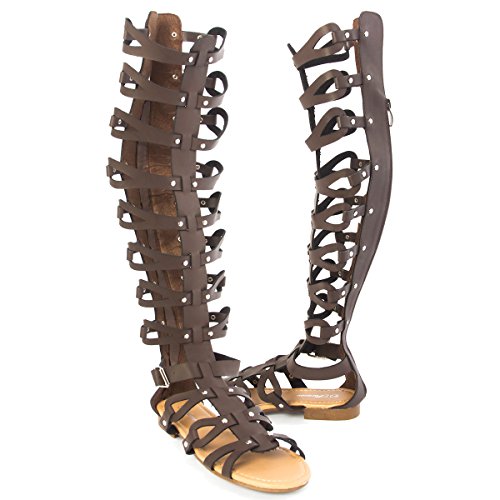 Atta 17 Womens Knee High Caged Gladiator Strappy Flat Sandals Brown