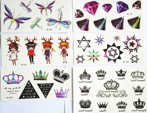 GGSELL GGSELL new design hot selling temporary tattoo stickers combination 6pcs/package different designs, it includes colorful butterflies/colorful diamonds/lovely kid cartoon/star and sun/crown/etc.