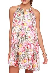 Floral Print Polyester Halter Keyhole Backless Summer  Dress