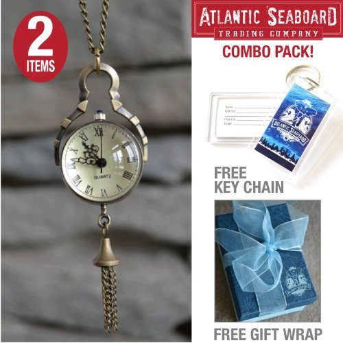 Antique Sphere Steampunk Vintage Glass Orb Pocket Watch Necklace Chain Jewelry with The Official Atlantic Seaboard Trading Co. Luggage Key Chain -- COMBO PACK