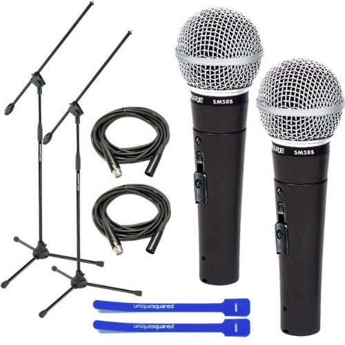 Shure SM58S DynaMic Mic Pair w 2 XLR Cables 2 Mic Boom Stands 2 Cable