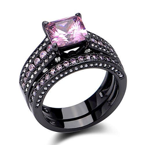 Newshe Jewellery 3.5 Ct Black Wedding Ring Set Princess Cut Created Pink Sapphire Size 7
