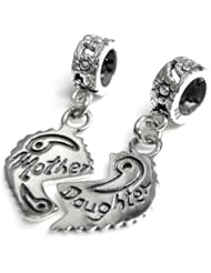 .925 Sterling Silver Daughter Mother Love Heart Flower Dangle Pendant Charm Bead For Pandora, Troll Chamilia BIagi European Story Charm Bracelet