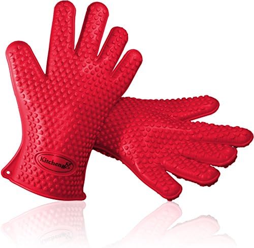 [#1 Barbecue Gloves] Best Use As Insulated BBQ Gloves, Double Oven Glove, Cooking Gloves or Potholder. Protect Your Hands From Naked Flames, Flash Burns and Hot Liquids with Heat Resistence Waterproof Non-slip Grip Silicone Grill Gloves. Must-have Accessories Over Kitchen Oven Mitts. Outdoor &amp; Dishwash Safe. 1 Pair Kitchenux. Ruby Red. Free Premium Hassle-free!