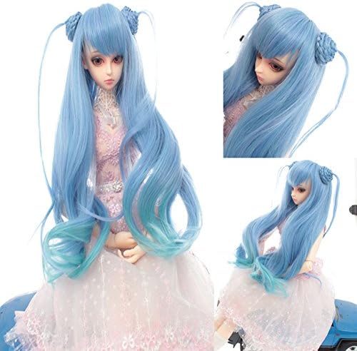9-10 inch (22-24cm) 1/3 BJD/SD Doll Wig Mixed Gradient Color Long Curly Hair With 2 Buns (Blue Green)