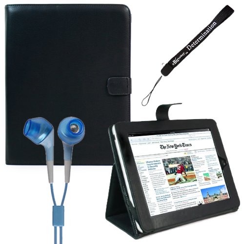 Proffesional Office Portfolio with Horizontal stand, Melrose Leather Horizontal Flip iPad Case for the Apple iPad Wifi / 3G Model 16GB, 32GB, 64GB with Extra Pocket for Miscellaneous Accessories + Includes a eBigValue (TM) Determination Hand Strap Key Chain + Hi-Fi Noise - Reducing Ear Buds Earphones for iPad 3.5 mm Jack
