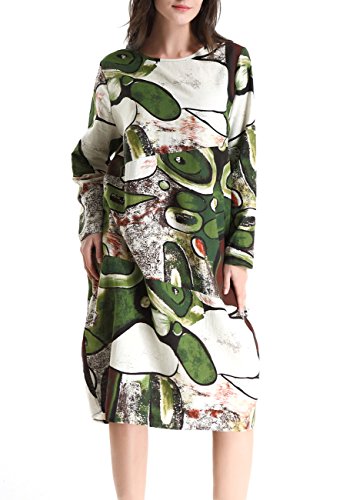 ELLAZHU Women Spring Cotton&Linen Bohemia Print Midi Dress Onesize