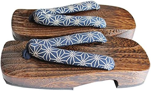 Men's Geta Dark Brown Wooden Sandal with Flax Ornament Toe Strap US Size 8 (26cm)