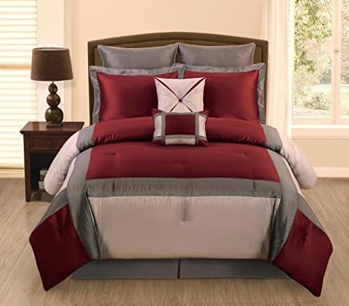 Queen Size Comforter Bedding Set 7 Pc Burgundy Grey & Silver Luxury Faux Silk