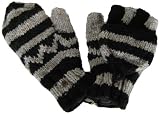 Wool Fleece Lined Convertible Fingerless Half Gloves with Fold Over Mitten Hood Jacquard Knit - Grey / White Diamonds - Ski Snowboard Skate