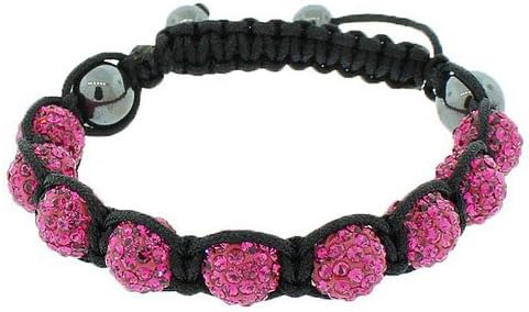 Multicolor Crystals CZ Black Cord Onyx Macrame Beaded Disco Ball Unisex Adjustable Bracelet (Hot Pink Crystals)