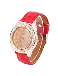 HACBIWA Trephine Disc Casual Watches Lady Girl Analog Red PU Strap Quartz Watch