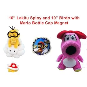  Hard to Find Video Game Icons Super Mario Brothers 10 inch Lakitu Spiny and 10 inch Mario Birdo Plush Doll Set with Unique Mario Bottle Cap Magnet